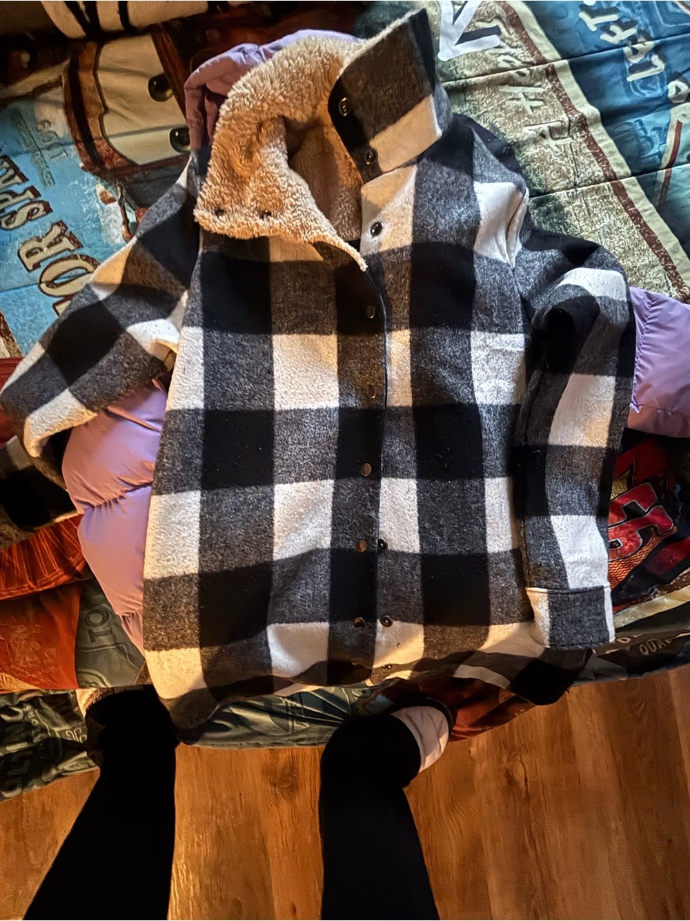 Kids Black & White Buffalo Plaid Sherpa-Lined Jacket